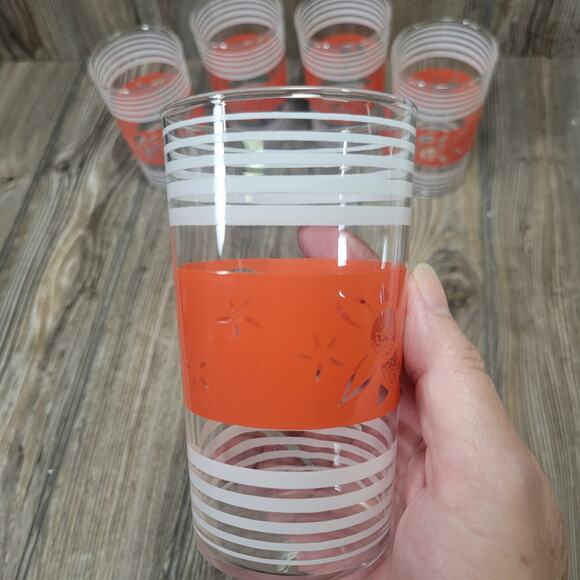 5 Retro Glass Tumblers, Red Fruit Band, White Stripes - Picture 4 of 5